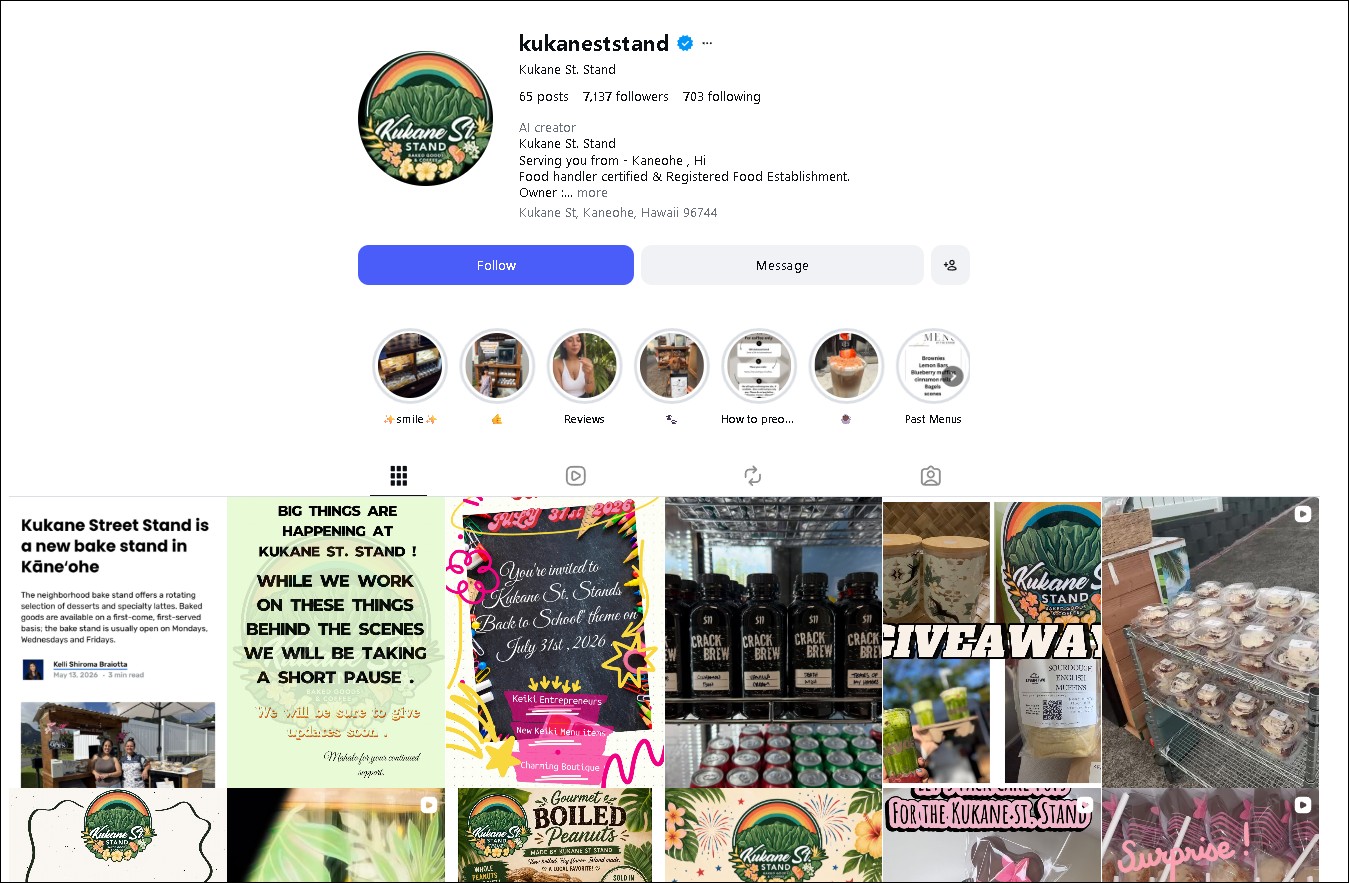 Kukane Street Stand Instagram profile - baked goods and lattes in Kaneohe
